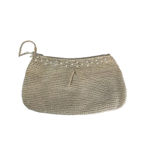 Vintage Crochet Straw and Beaded Off White Zip Top Clutch Bag Made in Japan - Picture 2 of 10